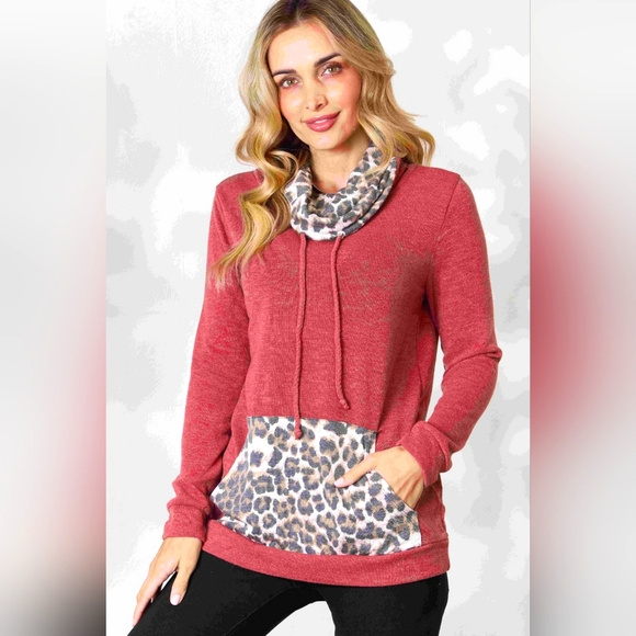 BiBi Designer Marsala Cowl Neck Leopard Drawstring Long Sleeve Top - Picture 1 of 6